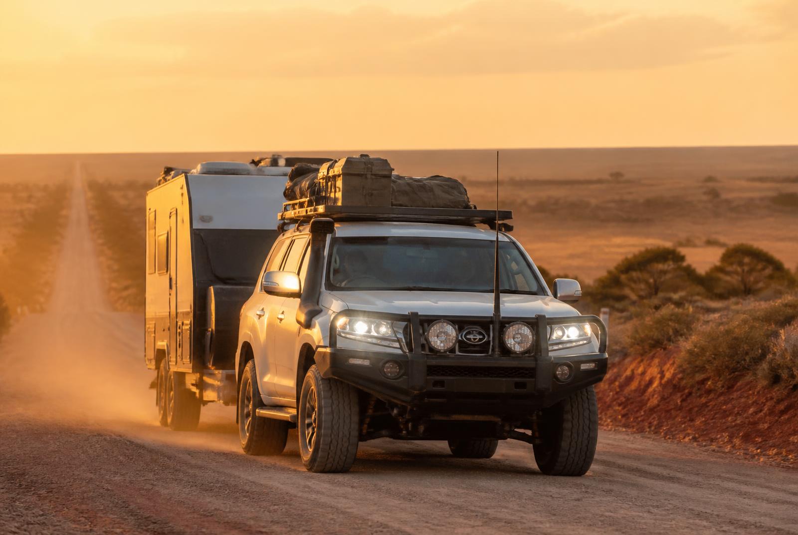 Loaded touring 4x4 wagon towing a caravan on a dusty outback South Australian road