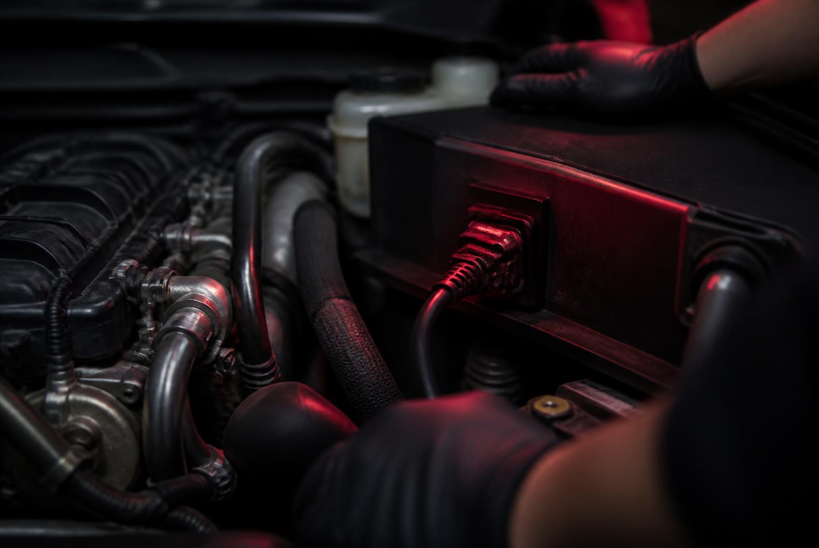 Turbo diesel engine bay with a datalogging cable connected during a calibration session