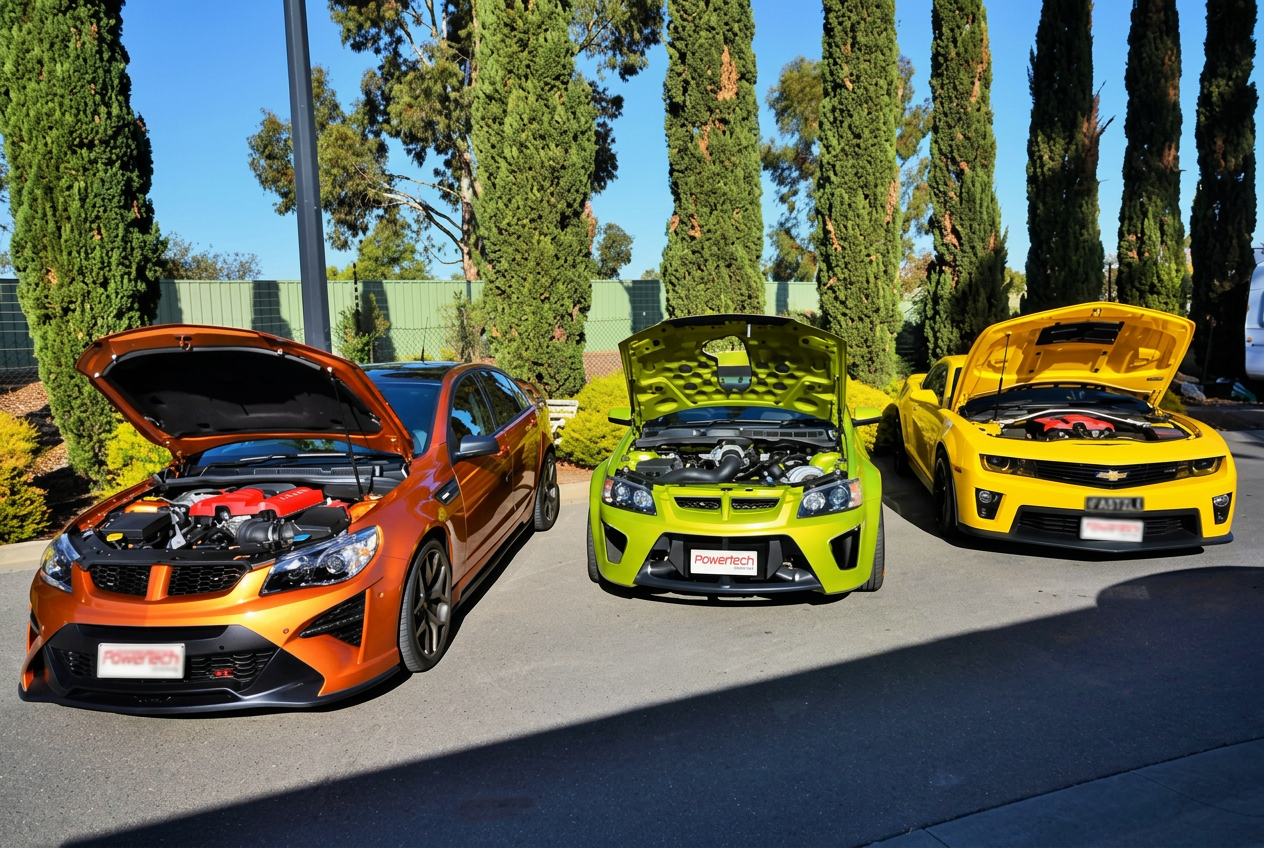Three LS-powered performance cars with bonnets open at Power Tech Tuning